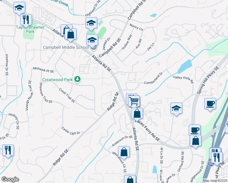 map of restaurants, bars, coffee shops, grocery stores, and more near 4764 Ivy Ridge Drive Southeast in Atlanta