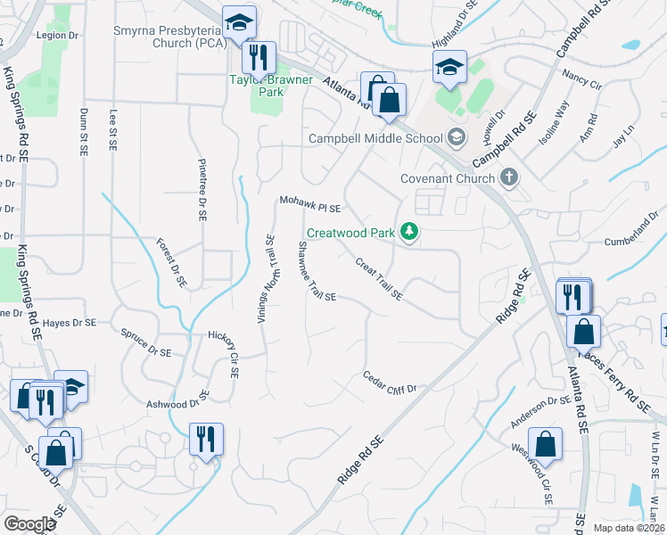 map of restaurants, bars, coffee shops, grocery stores, and more near 1730 Seneca Court in Smyrna