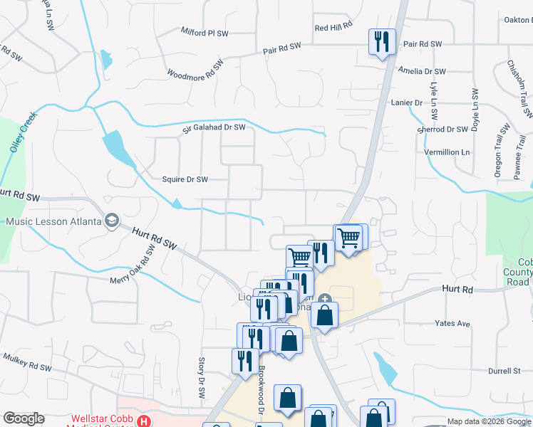 map of restaurants, bars, coffee shops, grocery stores, and more near 3465 Sierra Ridge Way Southwest in Marietta