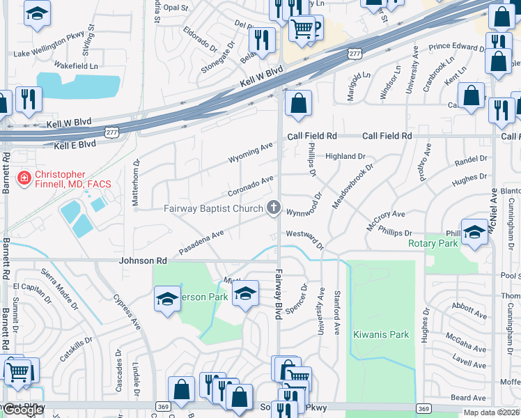 map of restaurants, bars, coffee shops, grocery stores, and more near 4502 Pasadena Avenue in Wichita Falls