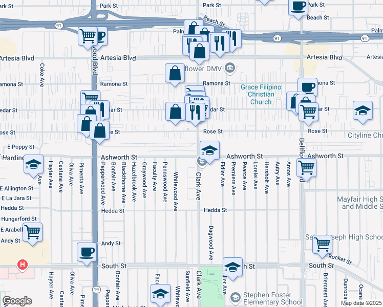 map of restaurants, bars, coffee shops, grocery stores, and more near 5039 Ashworth Street in Lakewood