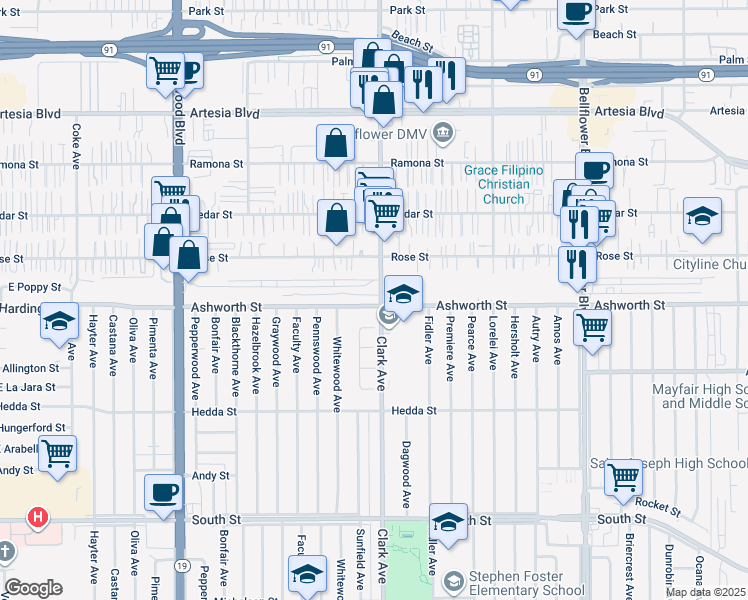 map of restaurants, bars, coffee shops, grocery stores, and more near 6221 Clark Avenue in Lakewood