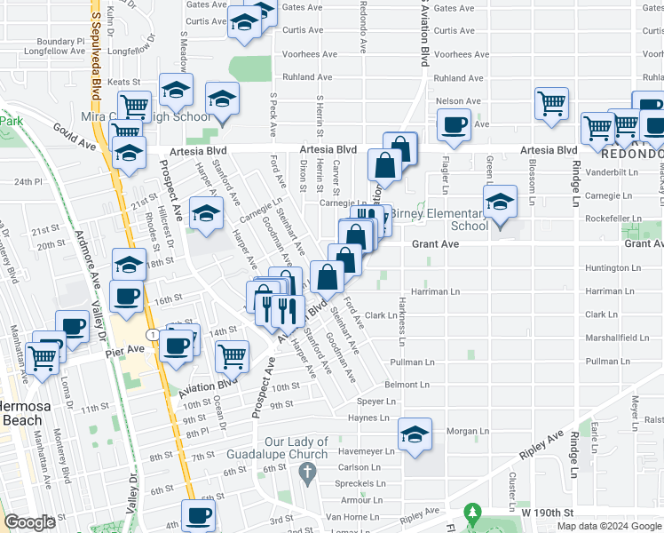 map of restaurants, bars, coffee shops, grocery stores, and more near 1505 Carver Street in Redondo Beach