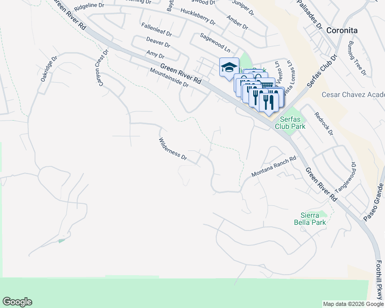 map of restaurants, bars, coffee shops, grocery stores, and more near 2940 Hidden Hills Way West in Corona