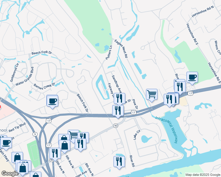map of restaurants, bars, coffee shops, grocery stores, and more near Fairway Drive in Little River