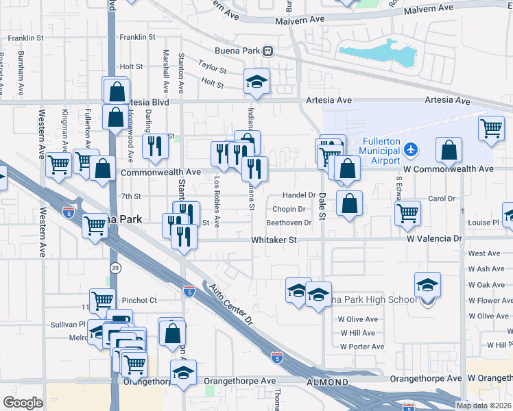 map of restaurants, bars, coffee shops, grocery stores, and more near 8300 Handel Drive in Buena Park