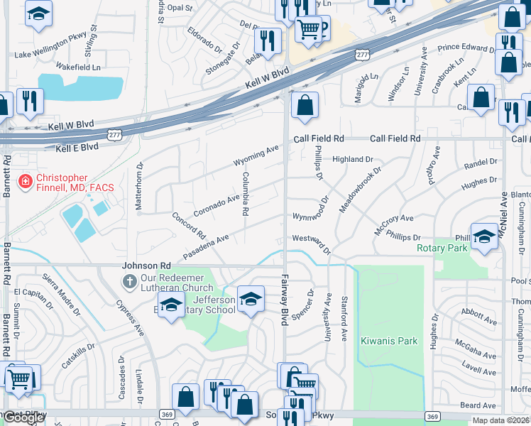 map of restaurants, bars, coffee shops, grocery stores, and more near 4502 Pasadena Avenue in Wichita Falls