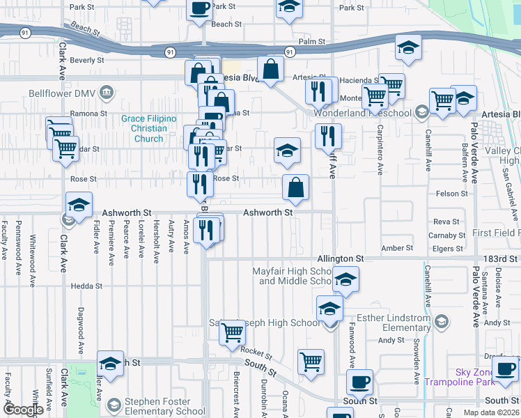 map of restaurants, bars, coffee shops, grocery stores, and more near 5639 Ashworth Street in Lakewood