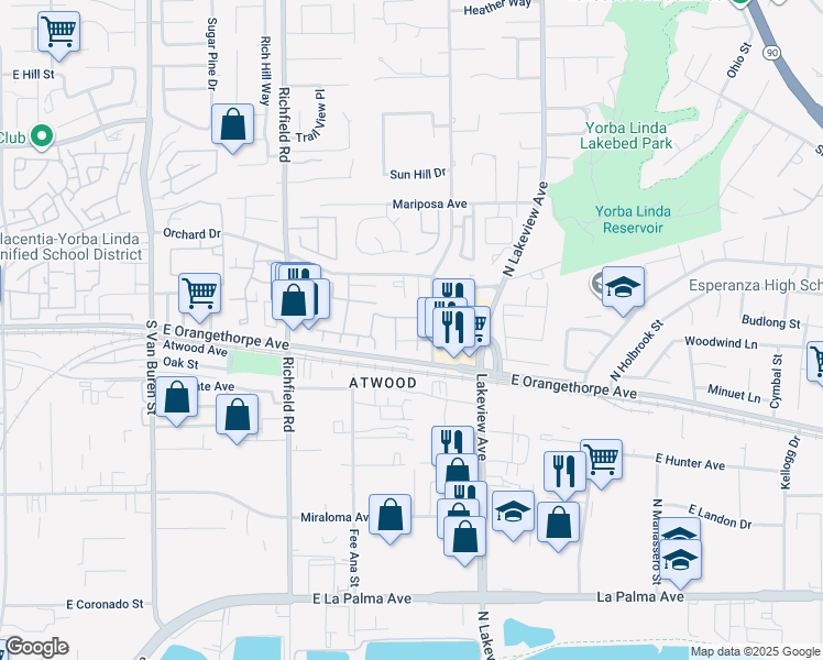 map of restaurants, bars, coffee shops, grocery stores, and more near 307 Wilma Circle in Placentia