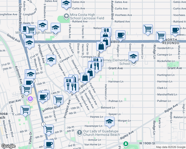 map of restaurants, bars, coffee shops, grocery stores, and more near 1501 Aviation Boulevard in Redondo Beach