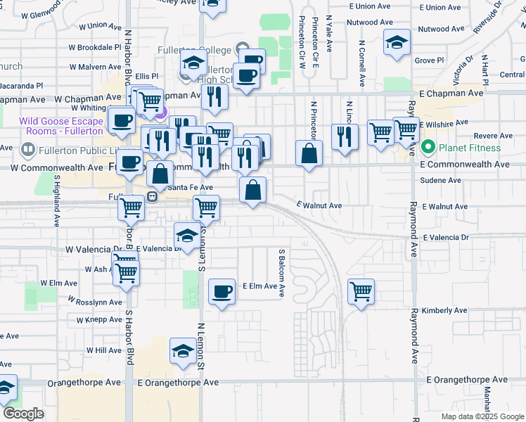 map of restaurants, bars, coffee shops, grocery stores, and more near 410 East Walnut Avenue in Fullerton