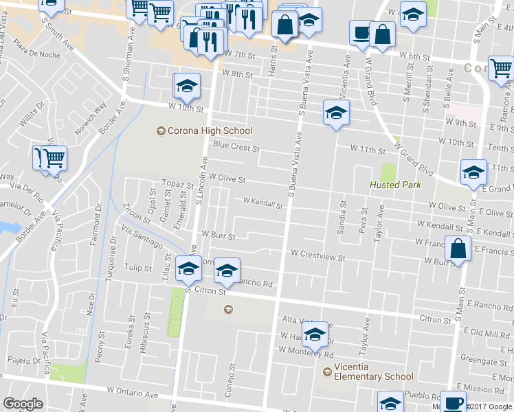 map of restaurants, bars, coffee shops, grocery stores, and more near 970 West Kendall Street in Corona