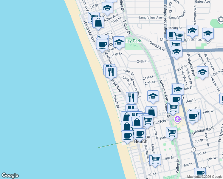 map of restaurants, bars, coffee shops, grocery stores, and more near The Strand in Hermosa Beach