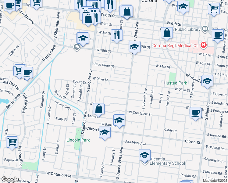 map of restaurants, bars, coffee shops, grocery stores, and more near 970 West Kendall Street in Corona