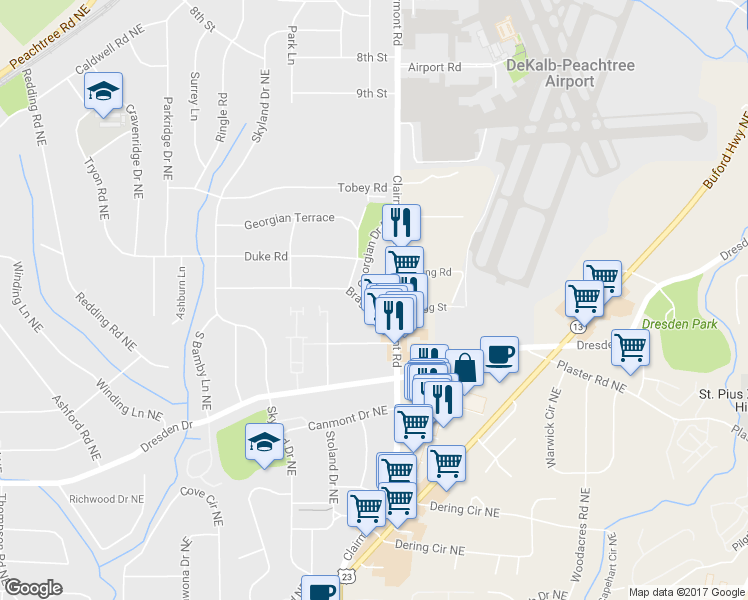 map of restaurants, bars, coffee shops, grocery stores, and more near 1914 Bragg Street in Chamblee
