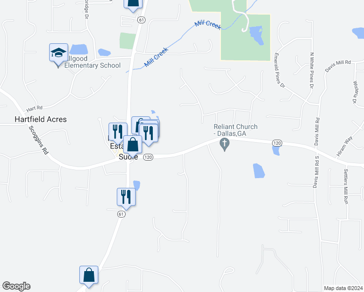 map of restaurants, bars, coffee shops, grocery stores, and more near 283 Hiram Sudie Road in Dallas