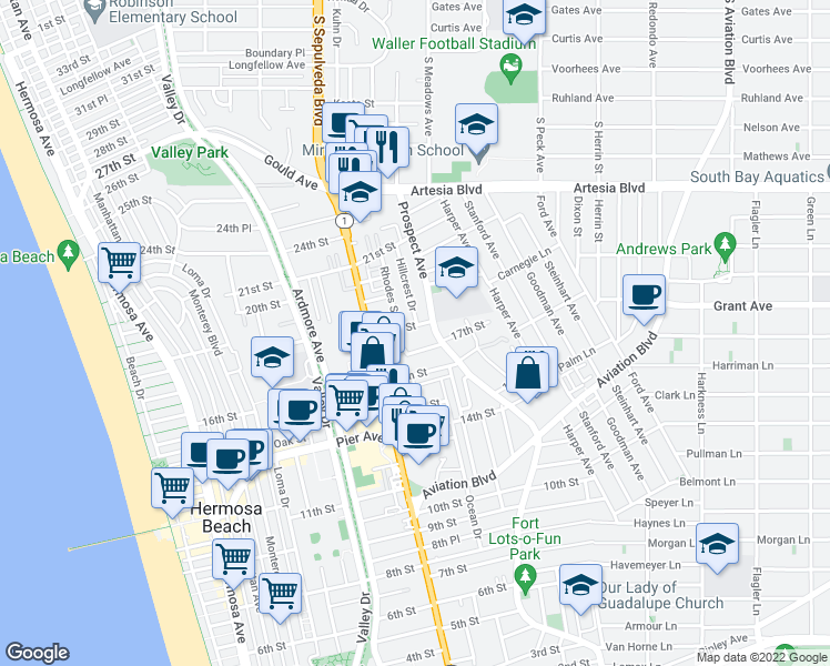 map of restaurants, bars, coffee shops, grocery stores, and more near in Hermosa Beach