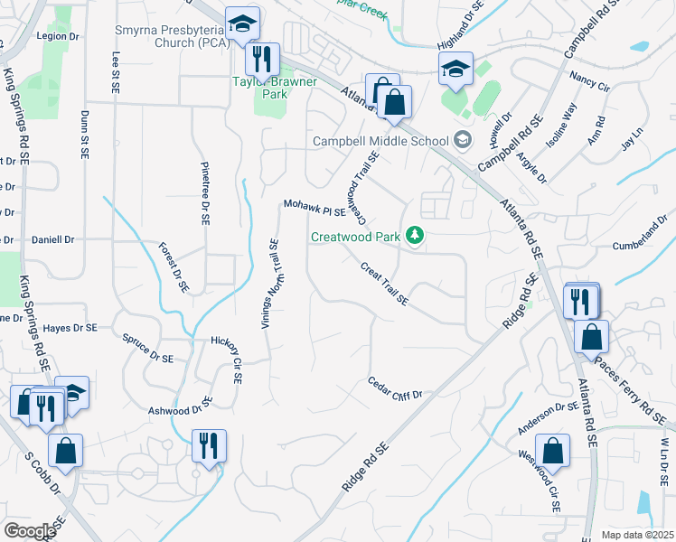 map of restaurants, bars, coffee shops, grocery stores, and more near 1736 Seneca Court in Smyrna