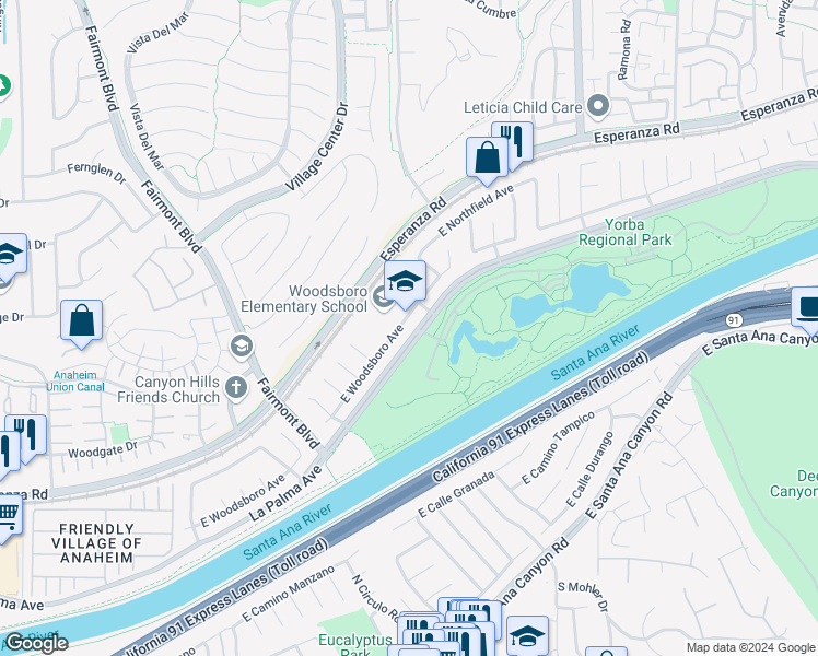 map of restaurants, bars, coffee shops, grocery stores, and more near 7566 East Woodsboro Avenue in Anaheim