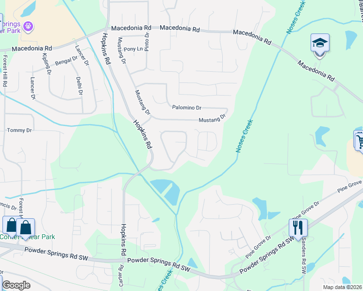 map of restaurants, bars, coffee shops, grocery stores, and more near 3688 Stephanie Court in Powder Springs