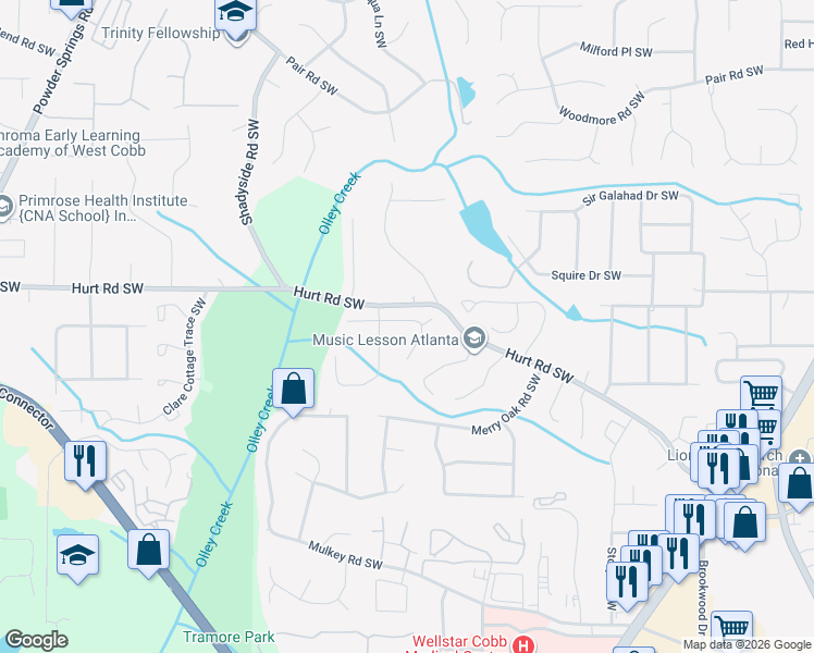 map of restaurants, bars, coffee shops, grocery stores, and more near 1896 Azure Grove Court in Marietta