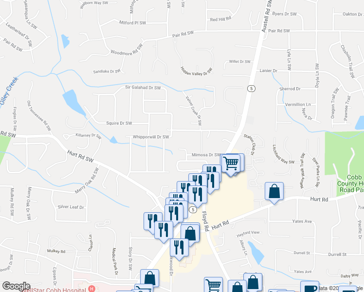 map of restaurants, bars, coffee shops, grocery stores, and more near 3485 Sierra Ridge Way Southwest in Marietta