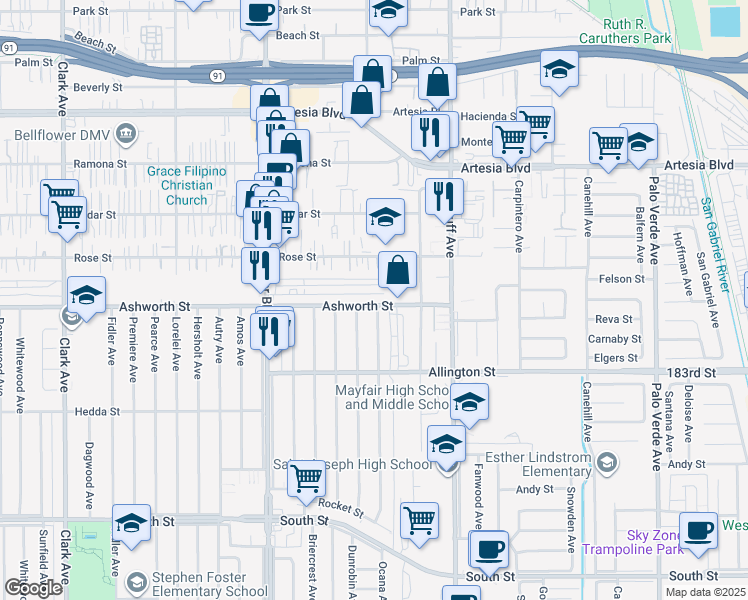 map of restaurants, bars, coffee shops, grocery stores, and more near 5723 Ashworth Street in Lakewood
