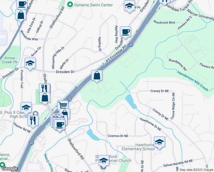 map of restaurants, bars, coffee shops, grocery stores, and more near 3107 Colonial Way in Chamblee