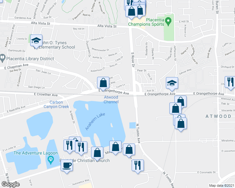 map of restaurants, bars, coffee shops, grocery stores, and more near 1150 East Orangethorpe Avenue in Placentia