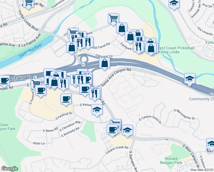 map of restaurants, bars, coffee shops, grocery stores, and more near 8409 East Amberwood Street in Anaheim