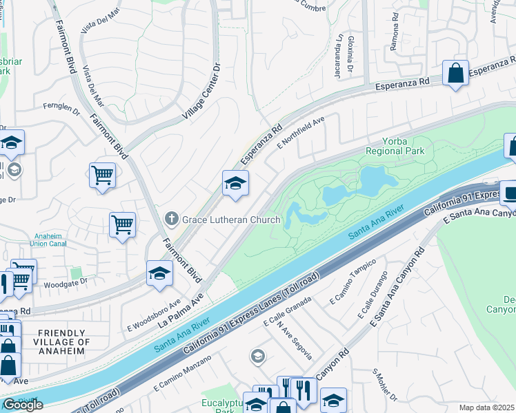 map of restaurants, bars, coffee shops, grocery stores, and more near 7566 East Woodsboro Avenue in Anaheim