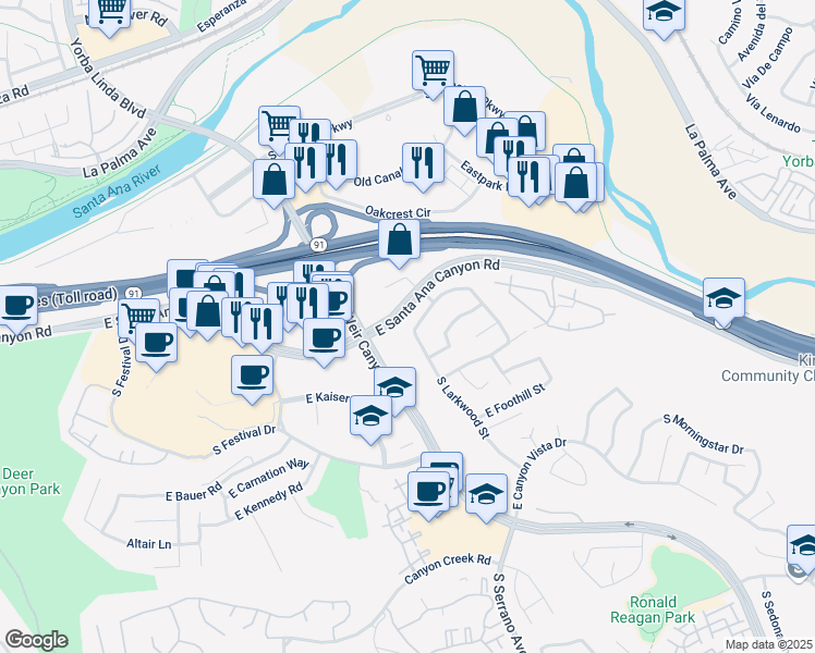 map of restaurants, bars, coffee shops, grocery stores, and more near 8409 East Amberwood Street in Anaheim