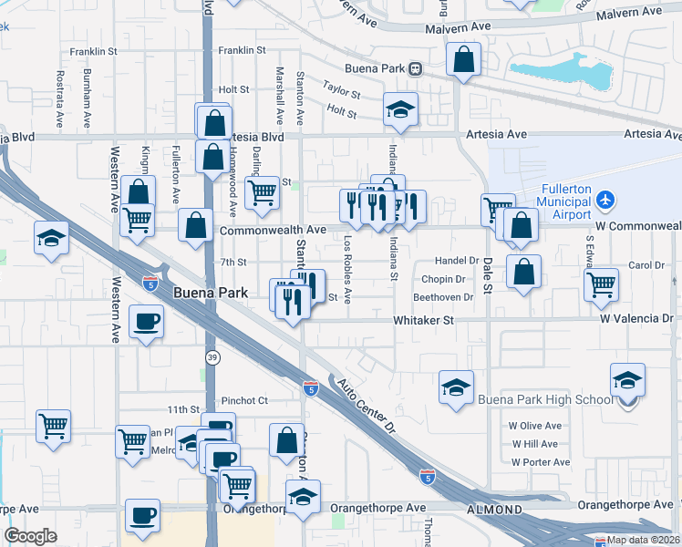 map of restaurants, bars, coffee shops, grocery stores, and more near 6361 Los Robles Avenue in Buena Park