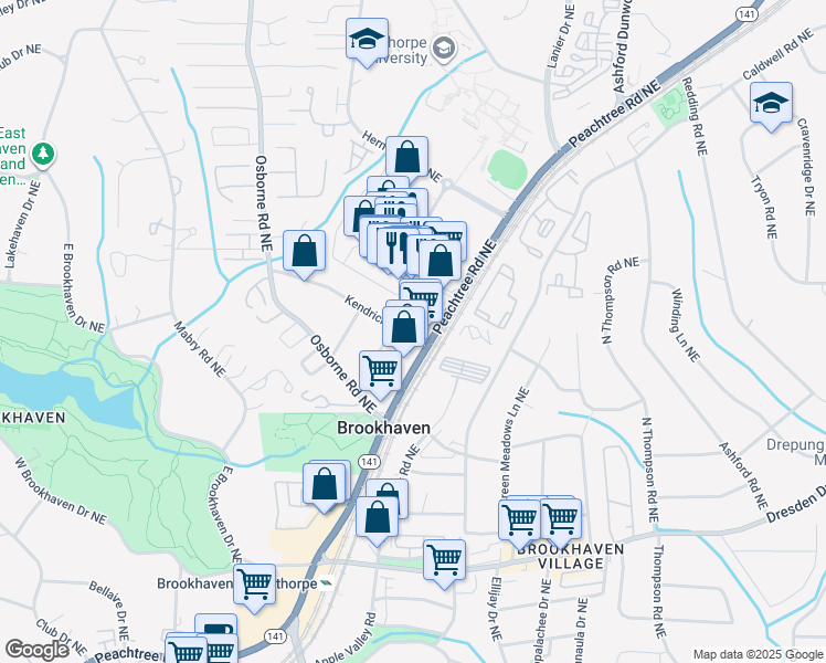 map of restaurants, bars, coffee shops, grocery stores, and more near 1304 Kendrick Road Northeast in Atlanta