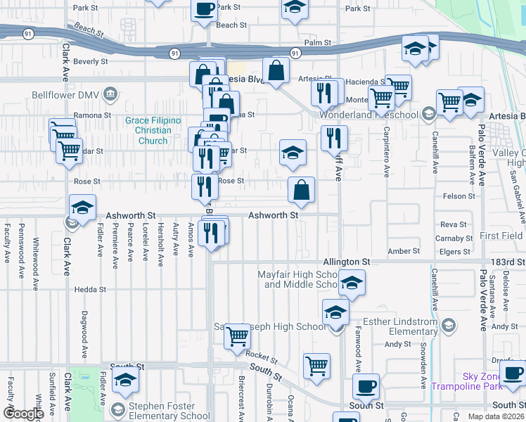 map of restaurants, bars, coffee shops, grocery stores, and more near 5639 Ashworth Street in Lakewood