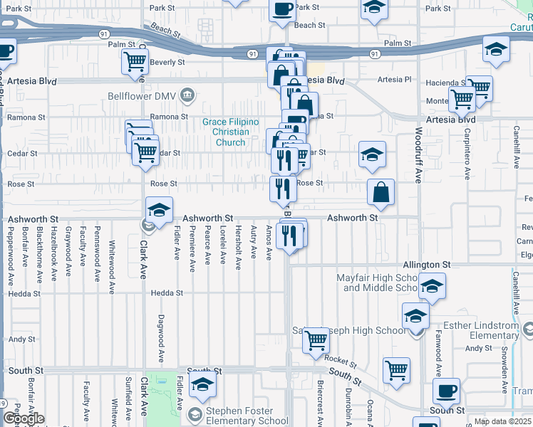 map of restaurants, bars, coffee shops, grocery stores, and more near 5449 Ashworth Street in Lakewood