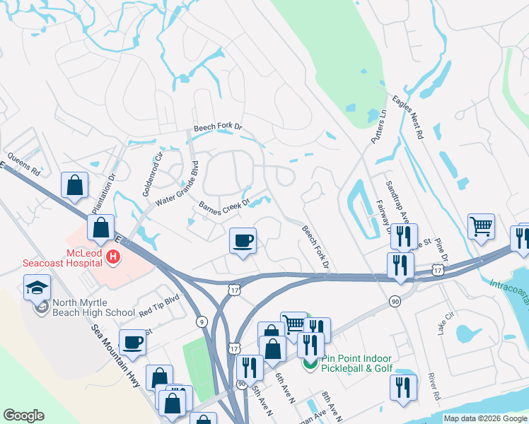 map of restaurants, bars, coffee shops, grocery stores, and more near 4482 Little River Inn Lane in Little River