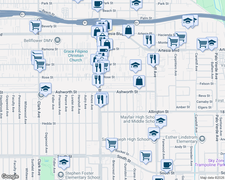 map of restaurants, bars, coffee shops, grocery stores, and more near 5549 Ashworth Street in Lakewood