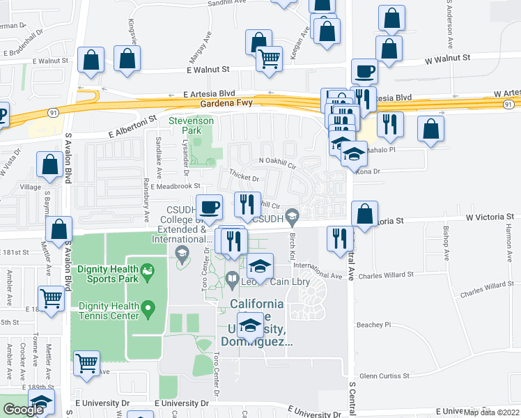 map of restaurants, bars, coffee shops, grocery stores, and more near 17831 Hazelwood Court in Carson