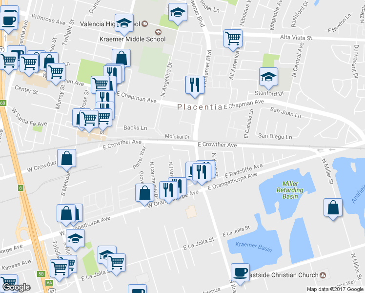 map of restaurants, bars, coffee shops, grocery stores, and more near 3059 East Cardinal Street in Anaheim
