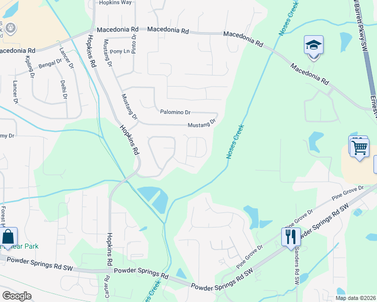 map of restaurants, bars, coffee shops, grocery stores, and more near 3616 10 Oaks Cir in Powder Springs