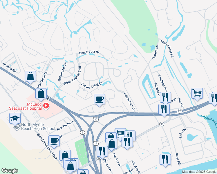 map of restaurants, bars, coffee shops, grocery stores, and more near 4486 Little River Inn Lane in Little River