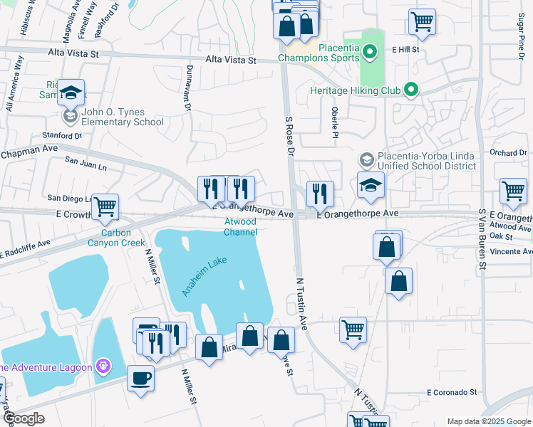 map of restaurants, bars, coffee shops, grocery stores, and more near 1150 East Orangethorpe Avenue in Placentia