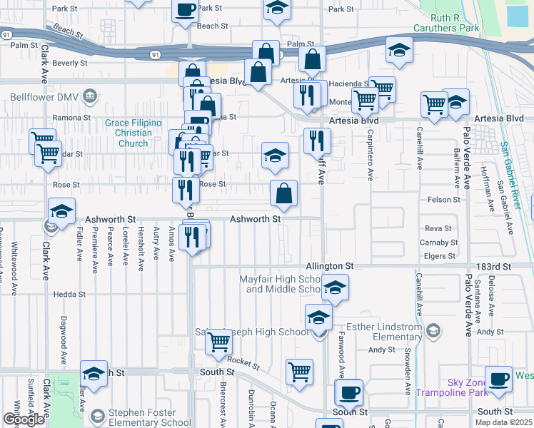 map of restaurants, bars, coffee shops, grocery stores, and more near 5723 Ashworth Street in Lakewood