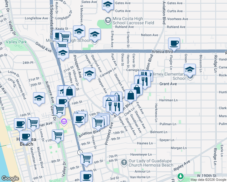 map of restaurants, bars, coffee shops, grocery stores, and more near 1546 Stanford Avenue in Redondo Beach