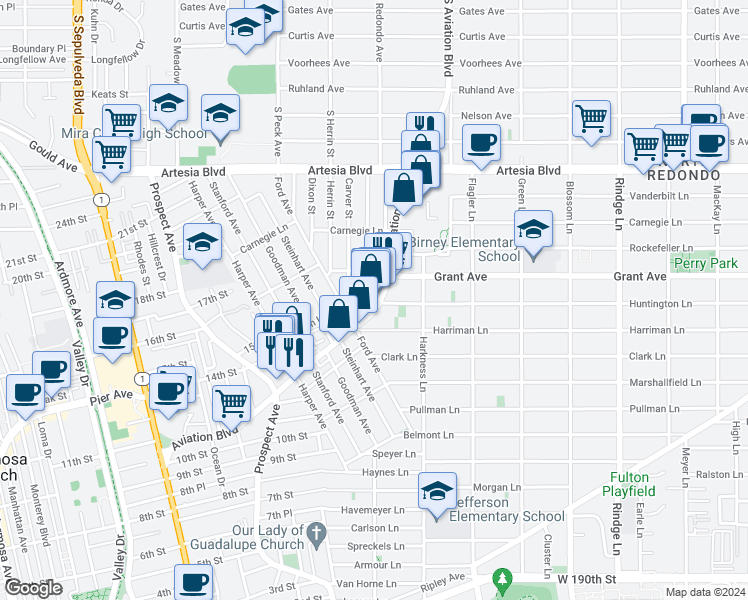 map of restaurants, bars, coffee shops, grocery stores, and more near 1501 Aviation Boulevard in Redondo Beach