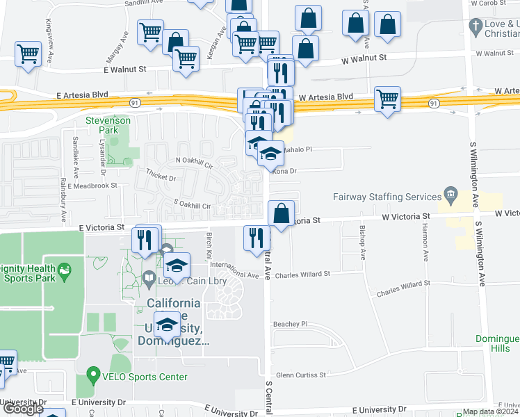 map of restaurants, bars, coffee shops, grocery stores, and more near 17810 Cottonwood Court in Carson
