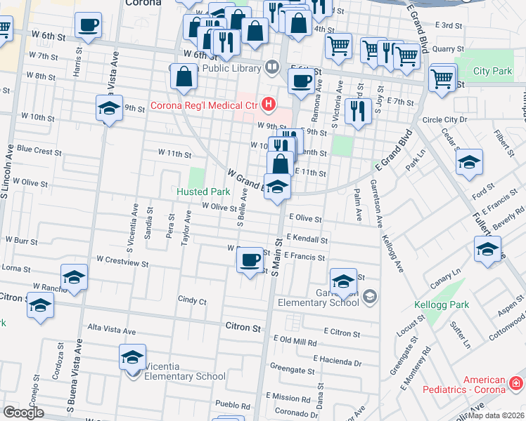 map of restaurants, bars, coffee shops, grocery stores, and more near 313 West Olive Street in Corona