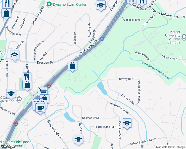 map of restaurants, bars, coffee shops, grocery stores, and more near 3051 Colonial Way in Atlanta