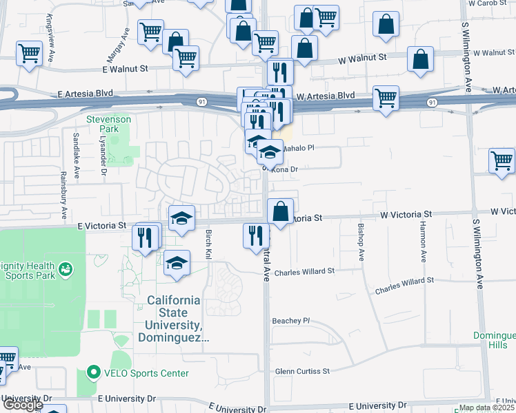 map of restaurants, bars, coffee shops, grocery stores, and more near 17805 Cottonwood Court in Carson